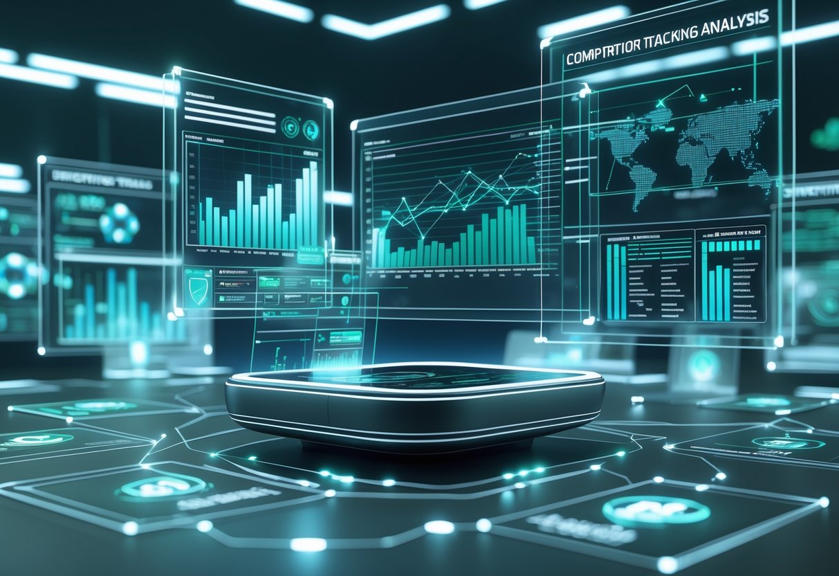 A 3D scene showing floating holographic screens with graphs and data around a modern console, representing competitor tracking and analysis tools.
