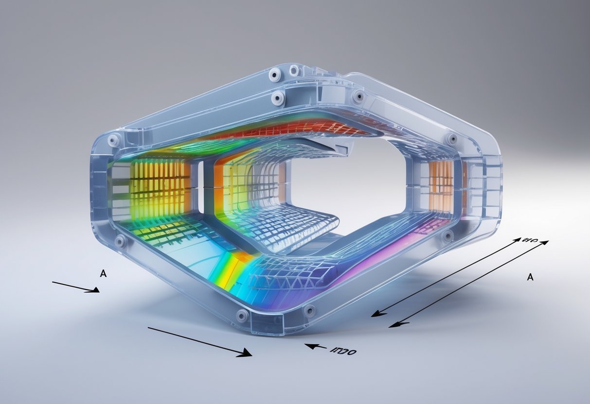 3D rendering of a mechanical bracket showing internal structures and stress distribution after optimisation analysis, with colour gradients and force vectors around it.