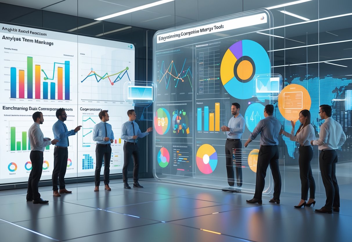 A group of professionals analysing colourful digital charts and graphs on transparent screens in a modern office setting.
