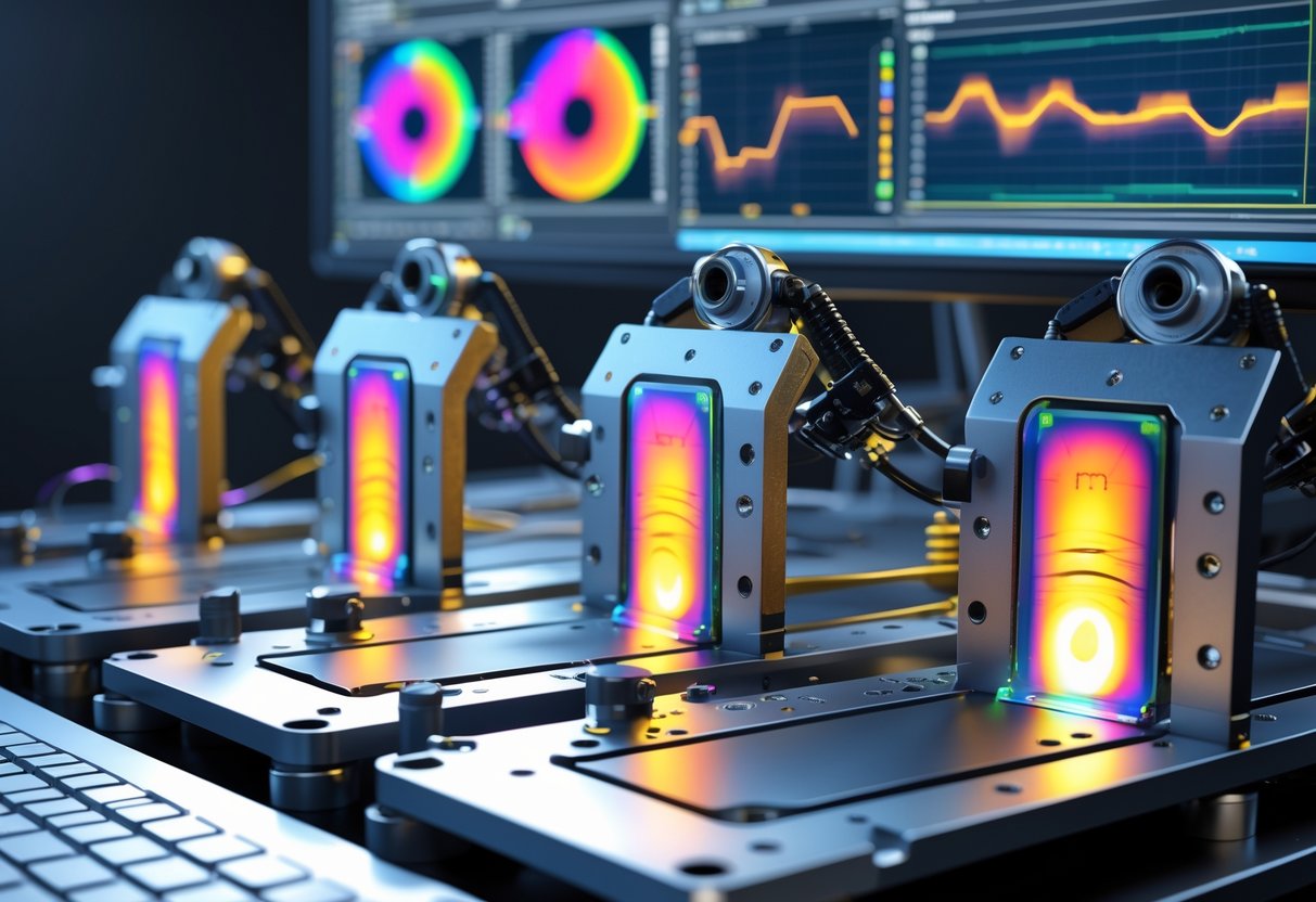 3D rendering of metal brackets mounted on a test rig with sensors, showing stress and vibration analysis with colourful heat maps and graphs on a computer screen nearby.