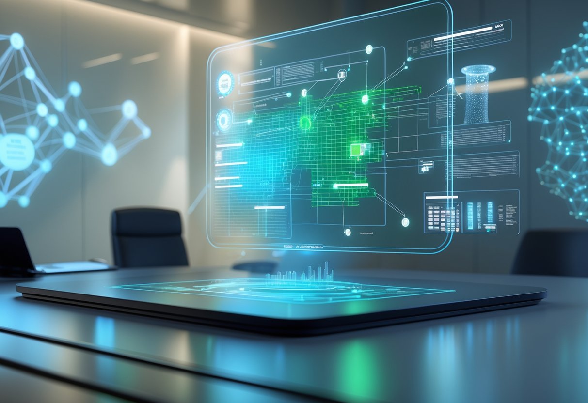A futuristic digital workspace showing a holographic interface with interconnected brackets and data visualisations in a modern office setting.