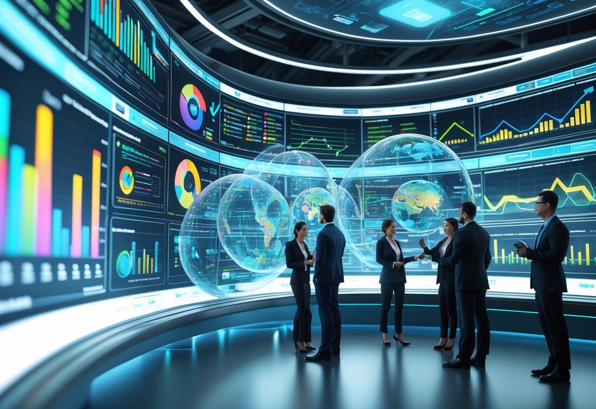 A futuristic control centre with holographic screens showing customer feedback data and professionals analysing insights.
