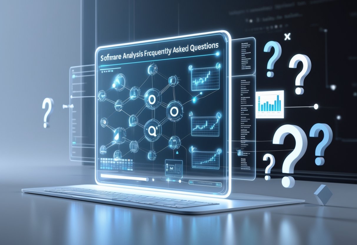 A 3D digital workspace showing a holographic panel with interconnected nodes and symbols representing software analysis of frequently asked questions.