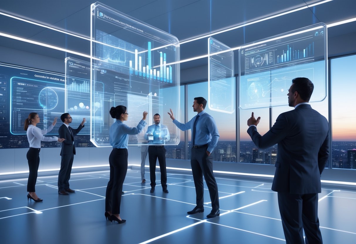 A futuristic control room with people interacting with floating holographic data displays showing charts and network connections.