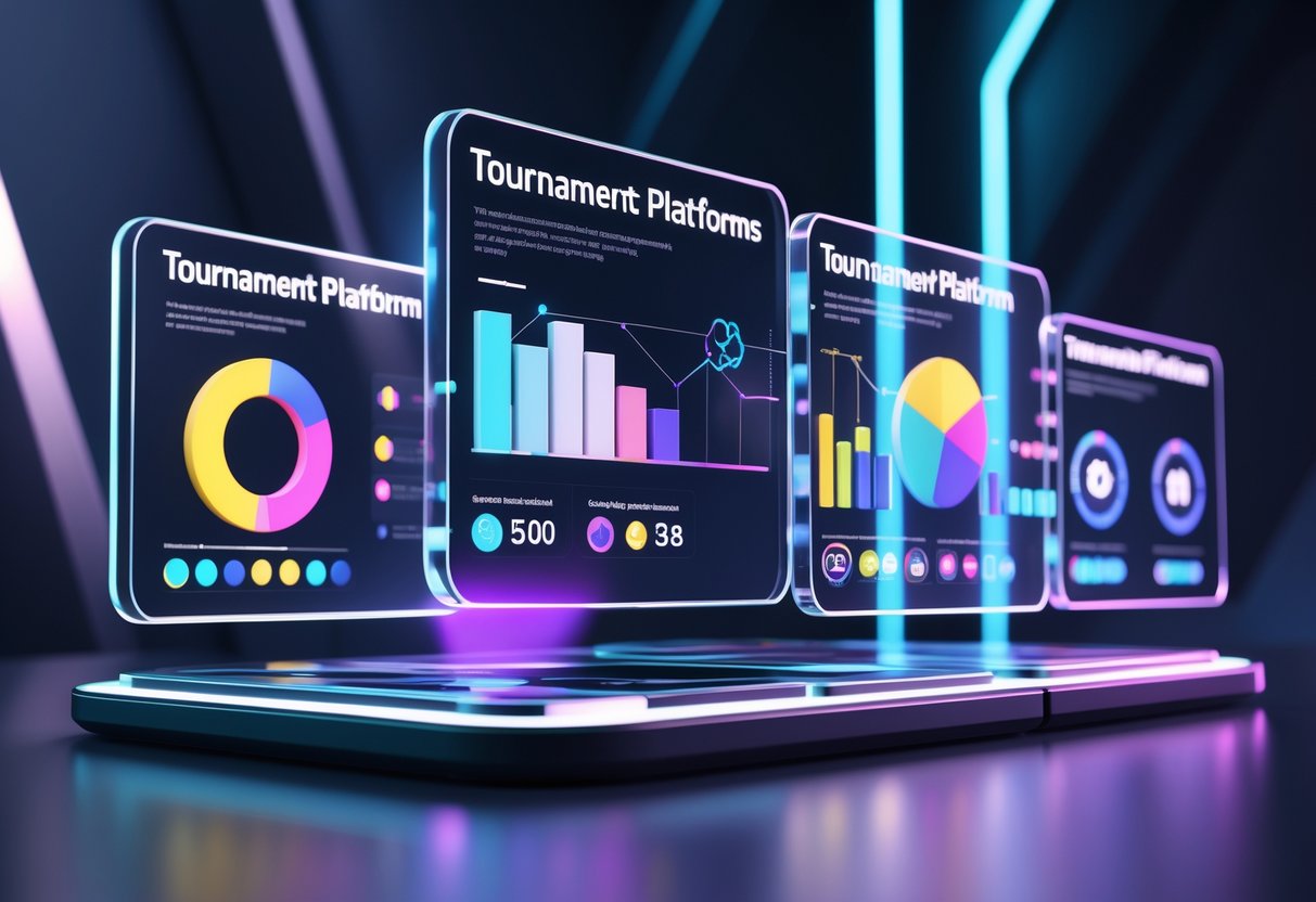 A 3D digital dashboard showing multiple floating panels with colourful graphs comparing features of different tournament platforms.