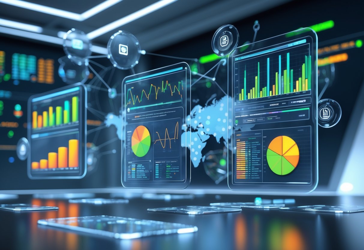 A futuristic control room with floating holographic screens showing various colourful charts and network diagrams representing data analysis and security.