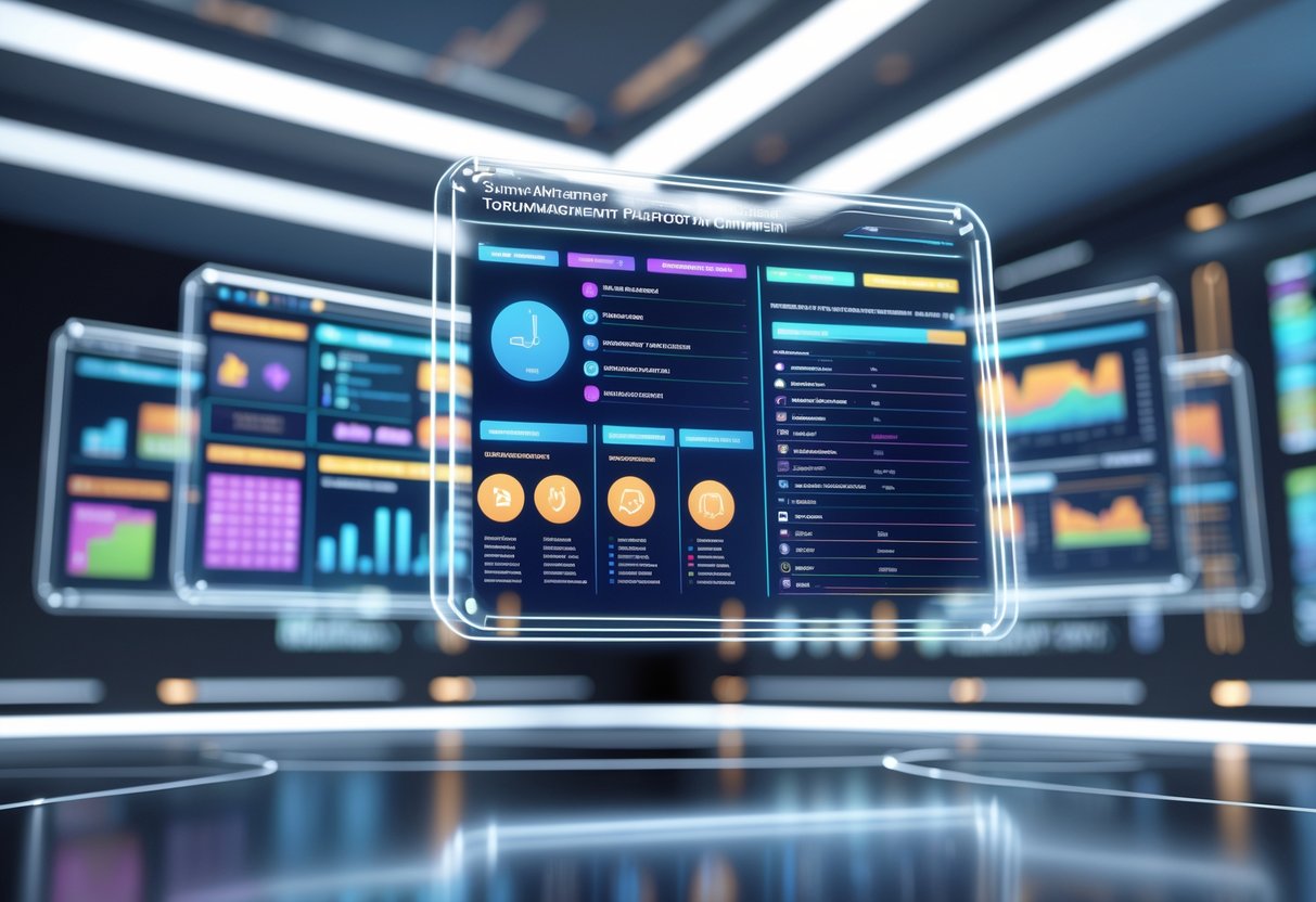 A 3D scene showing floating holographic screens with icons and graphs representing different features of a tournament management platform in a modern control room.