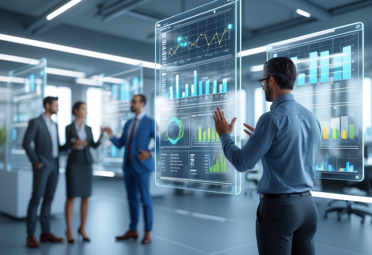 A futuristic office with people interacting with floating holographic screens showing data and charts about competitive integrity tools.
