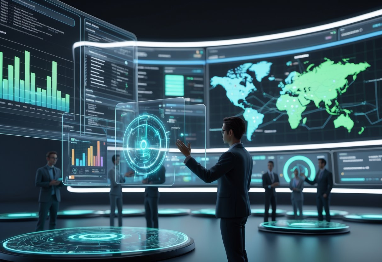 A futuristic digital workspace with floating holographic screens showing graphs and social media data, and digital avatars analysing information.