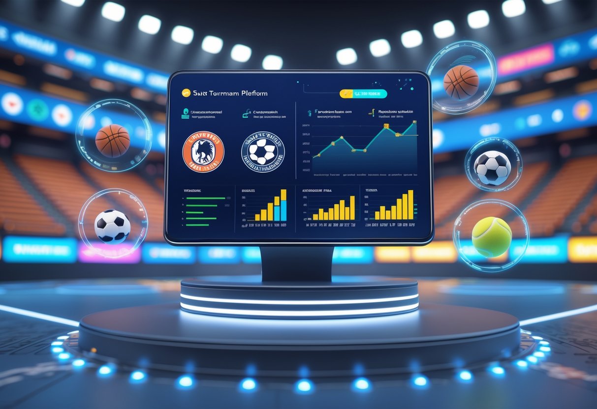 A futuristic digital dashboard displaying sports organisation logos and comparison charts with a stadium in the background.