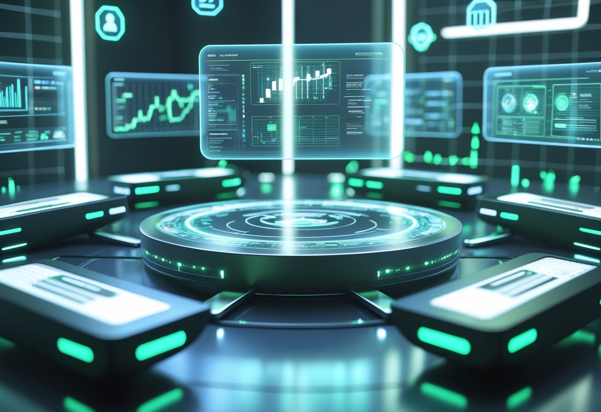 A futuristic control room with holographic screens and digital icons representing security and fairness above a central table.