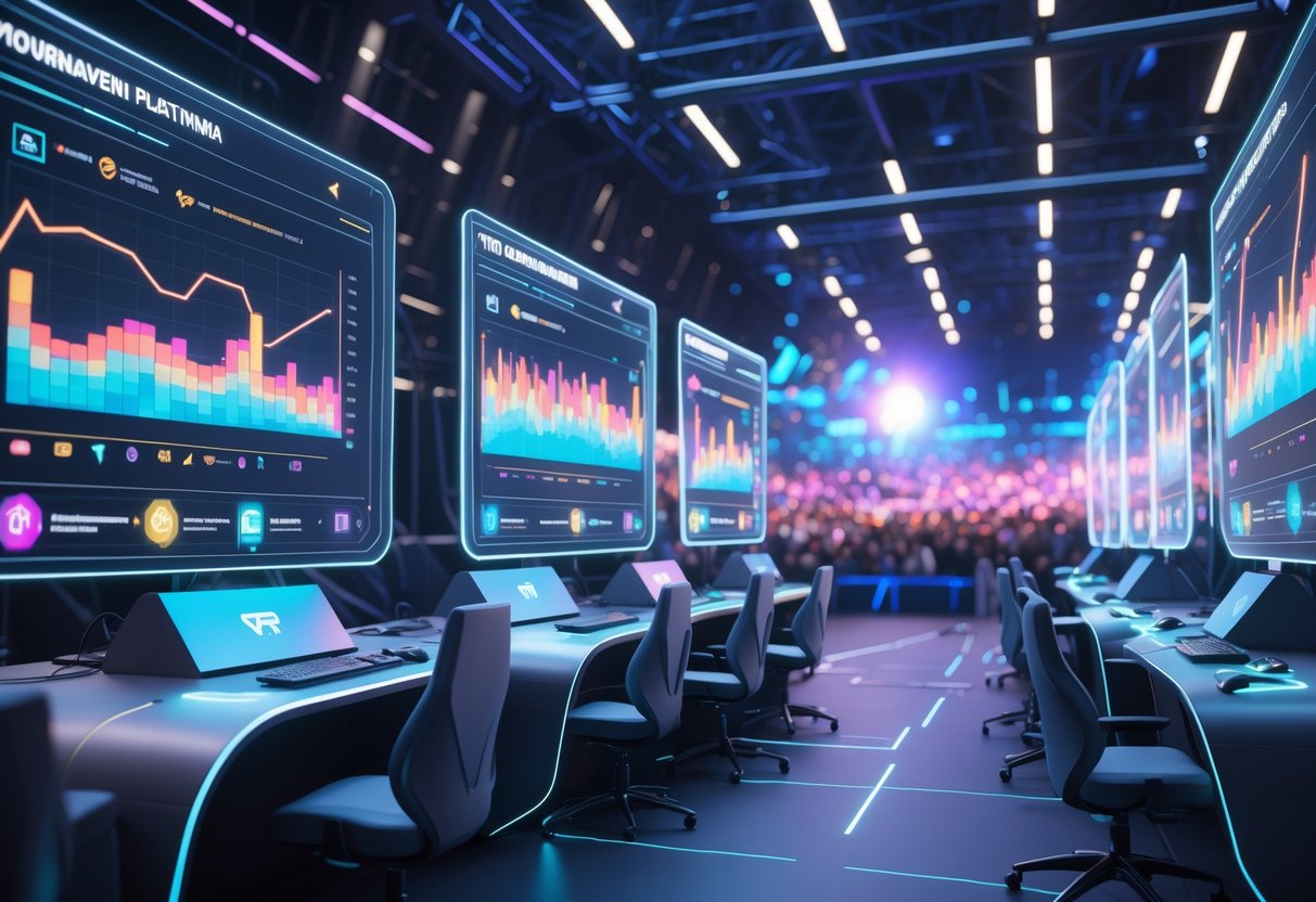 A futuristic digital arena with holographic screens showing colourful data and graphs comparing eSports tournament platforms, surrounded by modern gaming stations and a virtual crowd.