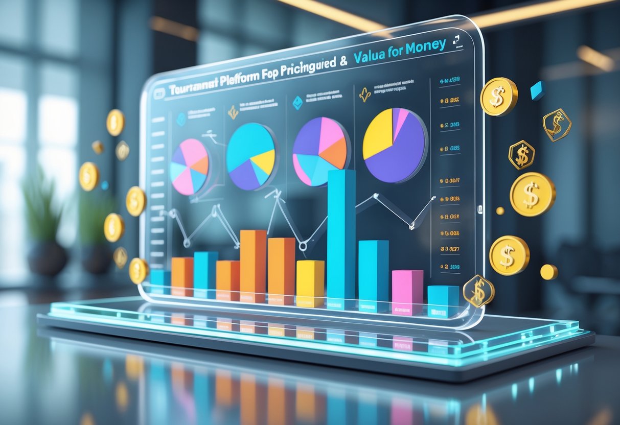 A 3D scene showing a futuristic holographic dashboard with colourful charts and icons comparing pricing and value for money of tournament platforms.