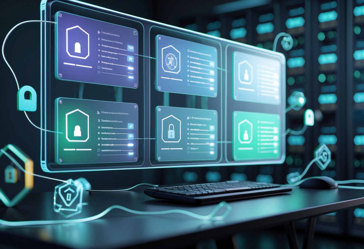 A 3D digital interface showing multiple panels with security icons like shields and padlocks, set against a blurred server room background.