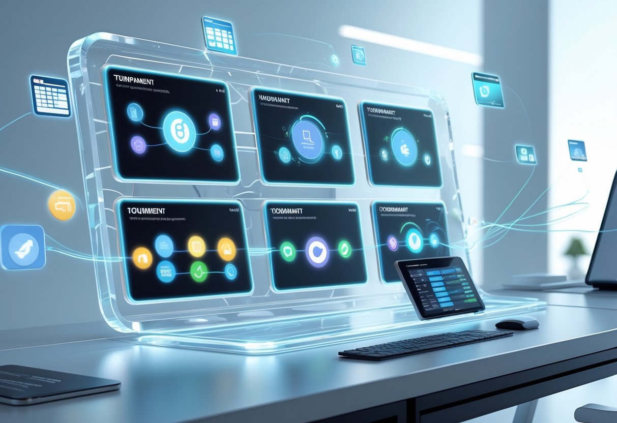 A 3D scene showing a futuristic digital workspace with floating holographic panels comparing different tournament platforms and their connections to various external tools.