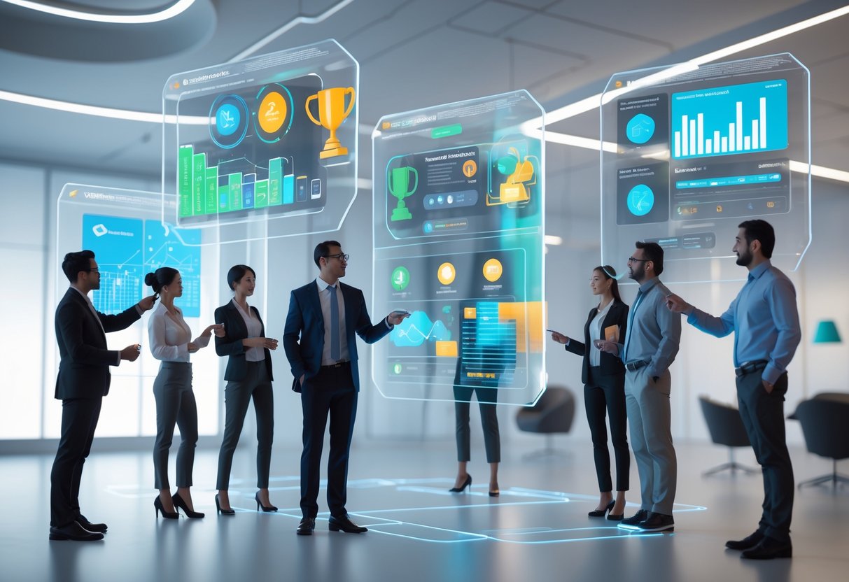 A group of professionals analysing floating holographic screens displaying charts and icons representing tournament platforms in a modern office setting.