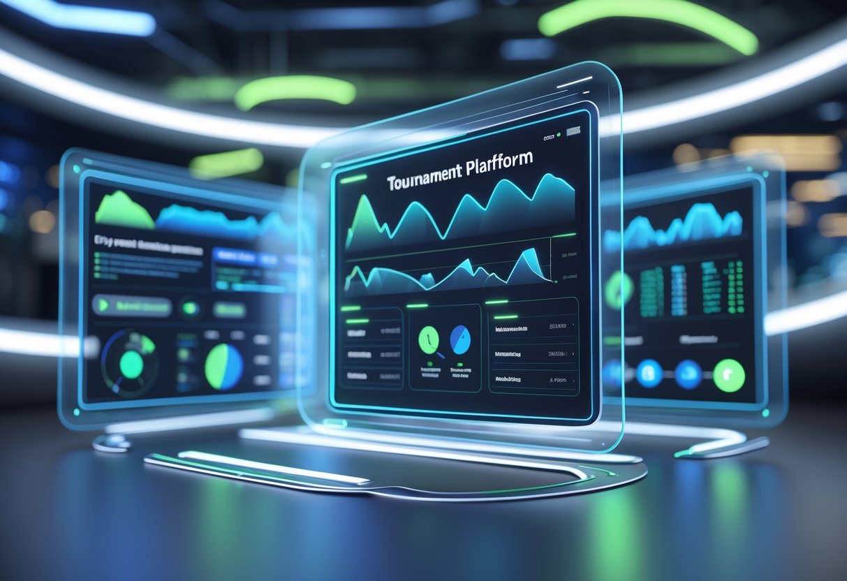 A 3D scene showing floating holographic screens comparing features of tournament platforms with charts and icons in a futuristic office setting.