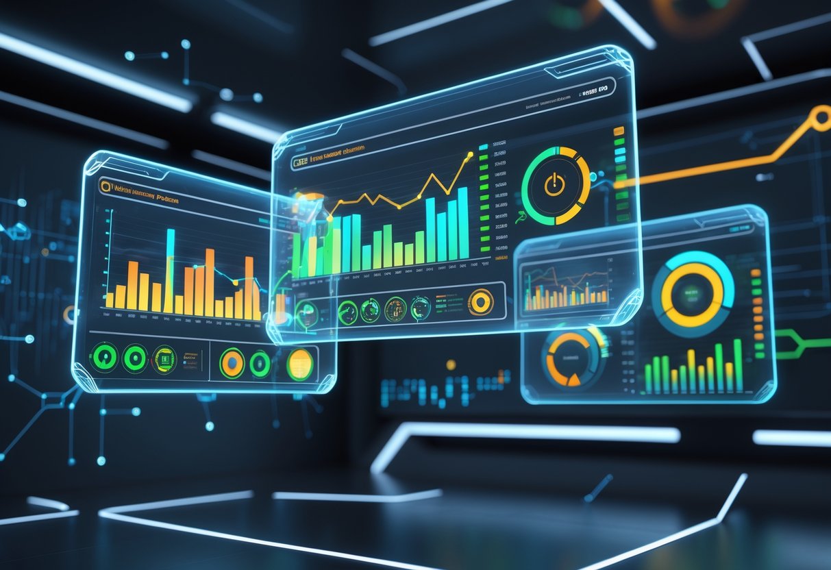 A futuristic control room with floating holographic screens showing colourful graphs and charts tracking innovation statistics.