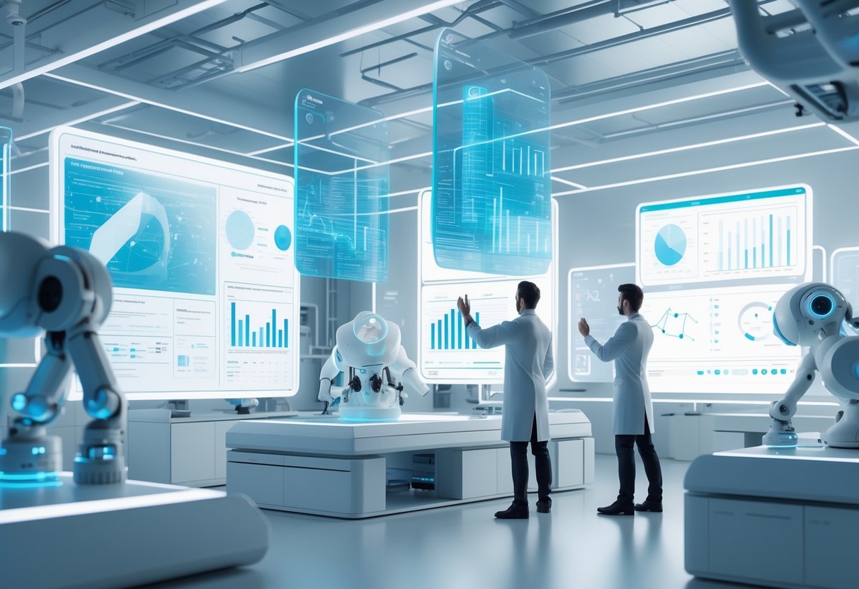 A futuristic research lab with scientists interacting with holographic data displays and advanced equipment tracking innovation progress.