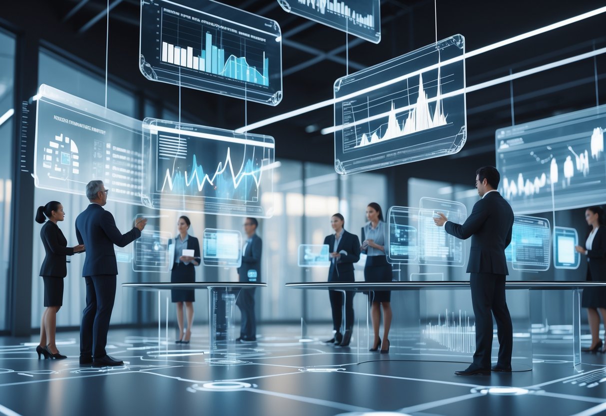 A futuristic office scene with professionals interacting with floating digital screens showing abstract data visualisations and charts related to innovation tracking.
