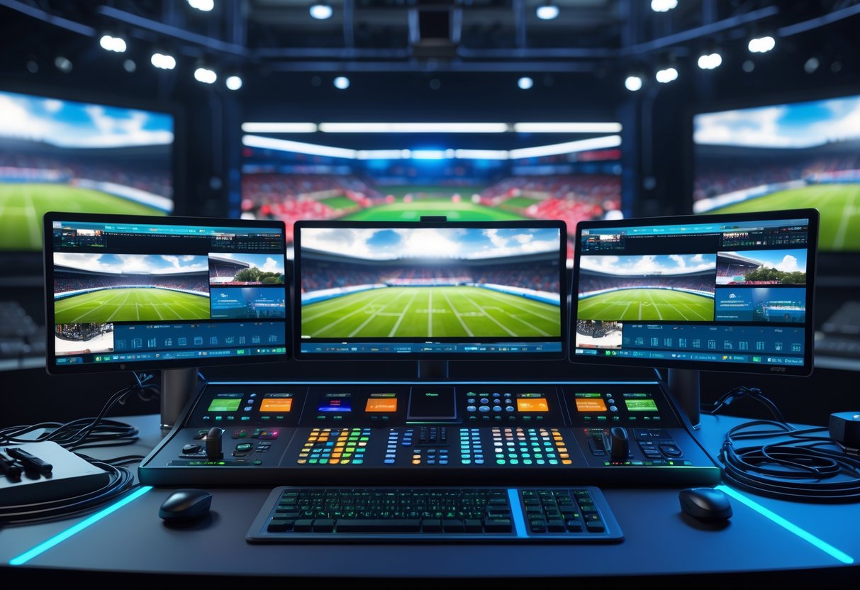 A broadcast control room with multiple monitors showing different angles of a live sports event and a central console with replay control panels and equipment.
