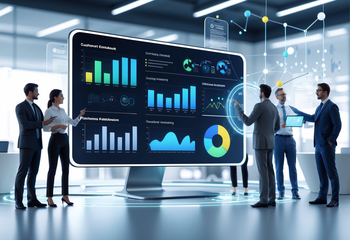 A modern office scene showing people analysing digital charts and graphs on futuristic screens to track customer feedback and innovation progress.