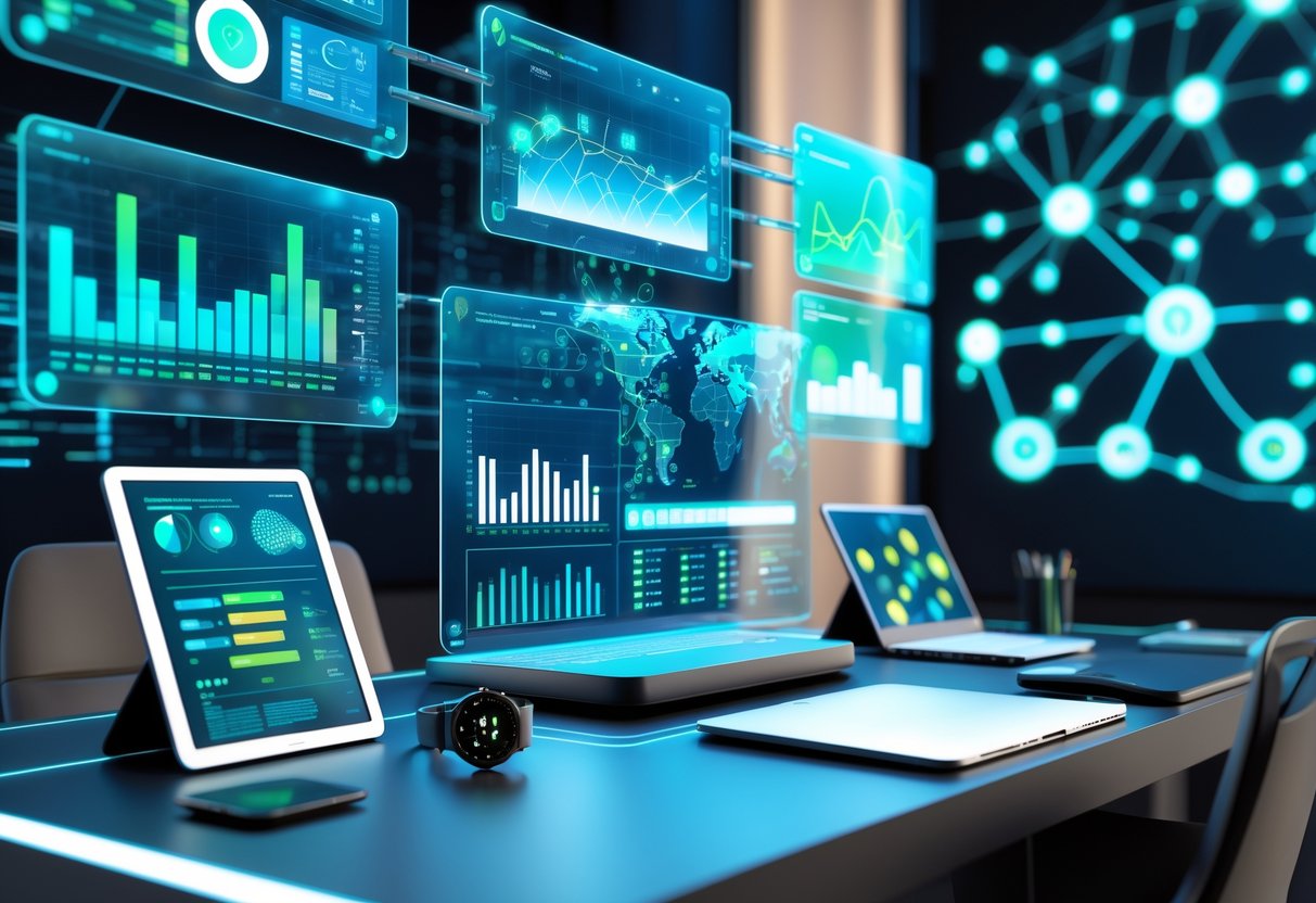 A futuristic workspace with holographic screens showing graphs and data, surrounded by digital devices and a large data network display in the background.