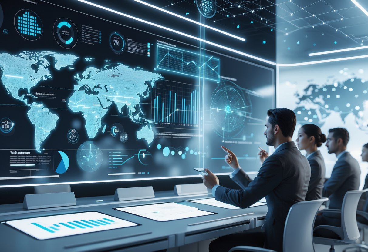 A futuristic workspace with people analysing and interacting with floating digital charts and graphs showing innovation statistics.