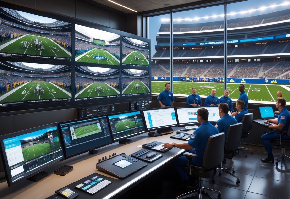 A control room with multiple screens showing football game replays and technicians reviewing plays during an NFL match.