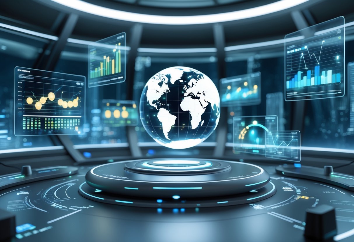 A futuristic control room with holographic displays showing graphs and data about innovation trends, featuring a rotating globe and a cityscape in the background.