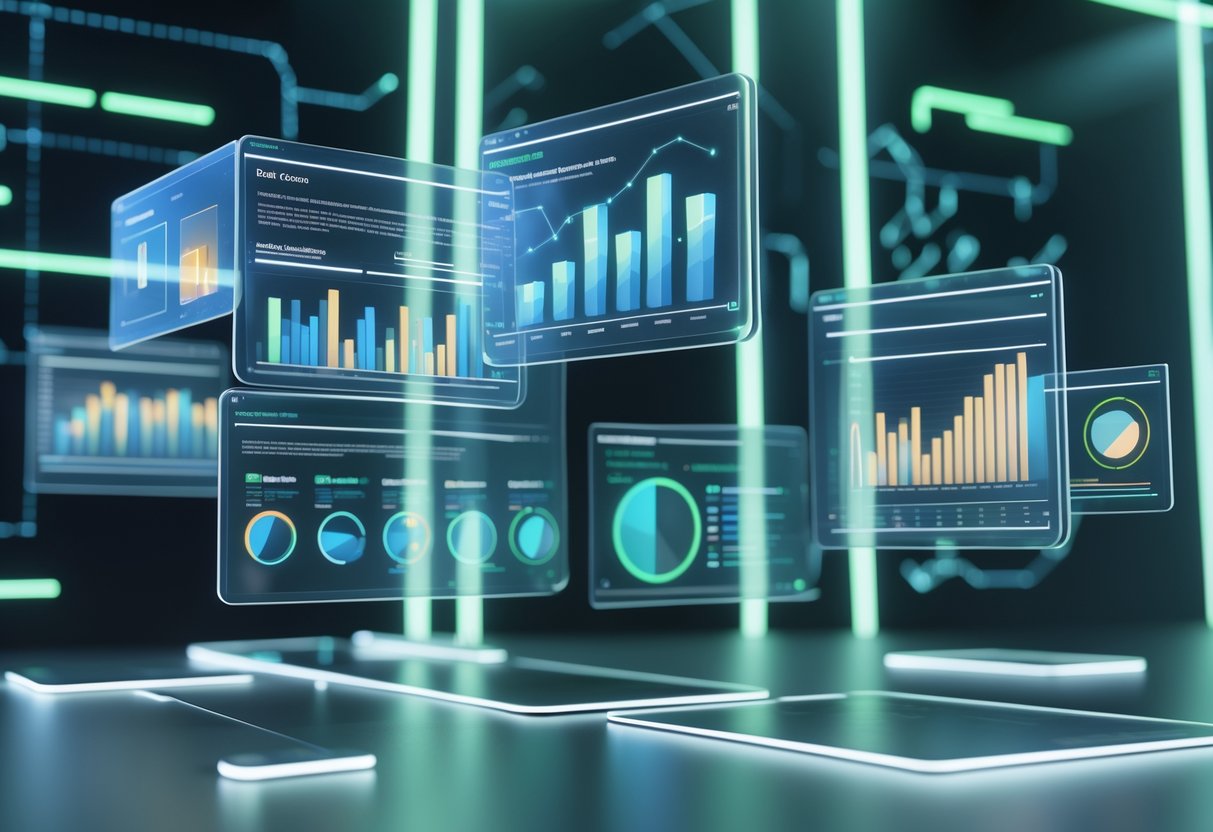 A futuristic digital dashboard with multiple floating holographic screens showing various charts and graphs tracking question and answer statistics in a modern tech environment.