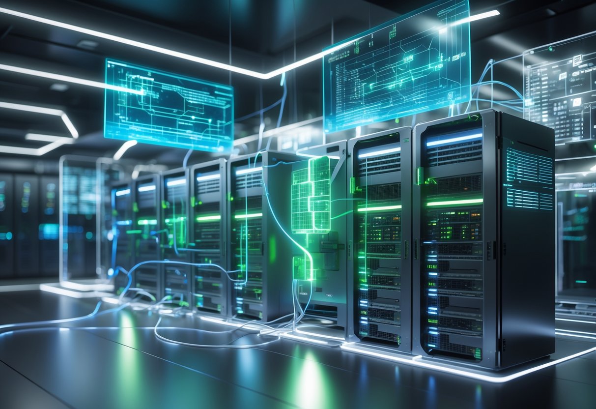 A 3D scene of a modern server room with modular racks and glowing cables showing a flexible and scalable replay system.