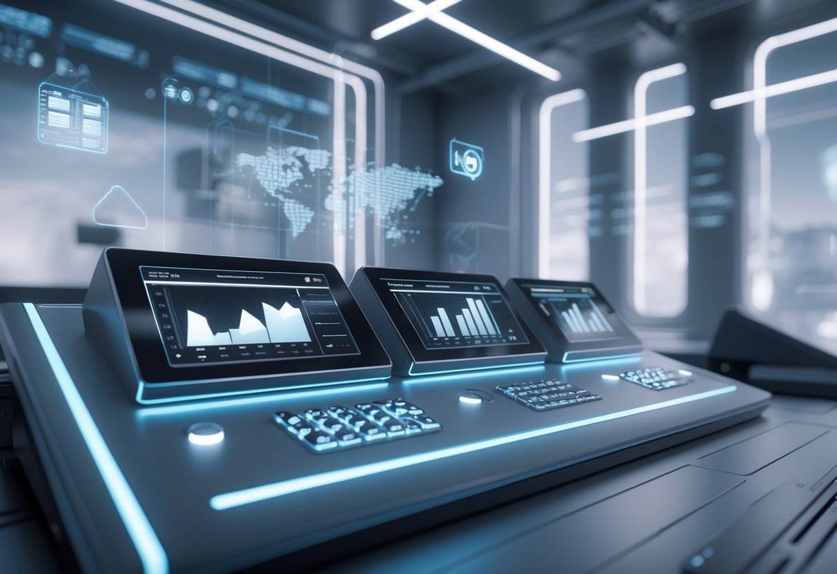 A futuristic control room with a modern replay system interface featuring illuminated touchscreens and holographic displays showing simple graphs and playback controls.