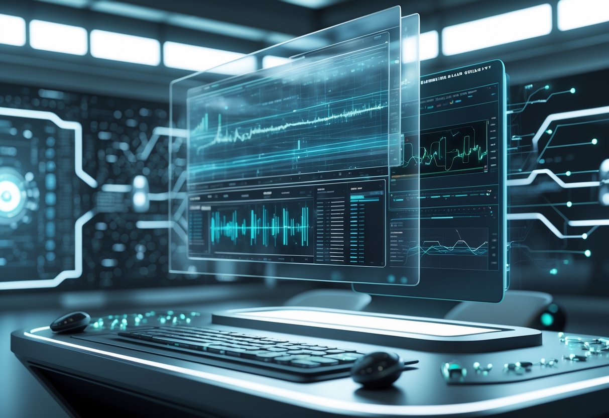 A futuristic control room with a holographic replay system displaying complex data streams and graphical waveforms above a sleek console.