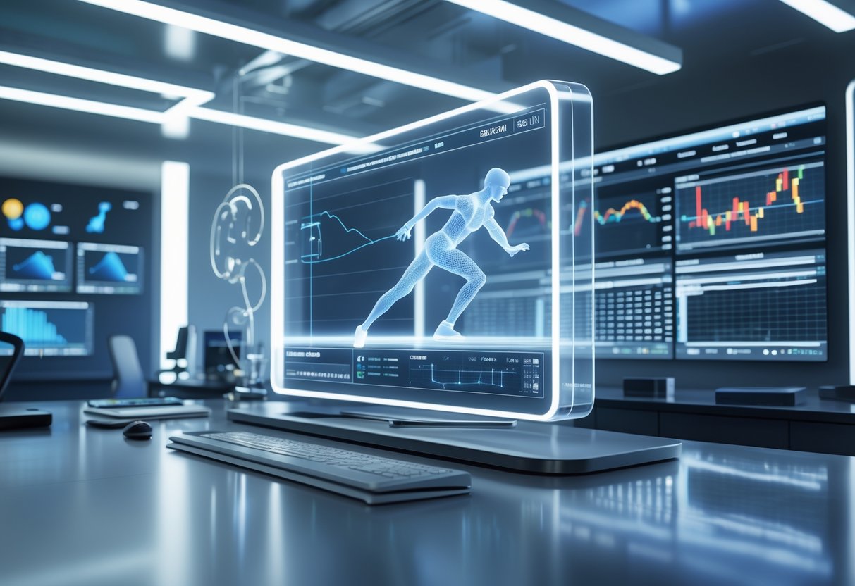 A futuristic room with a holographic display showing a 3D human figure and data visualisations, surrounded by sensors and digital screens.