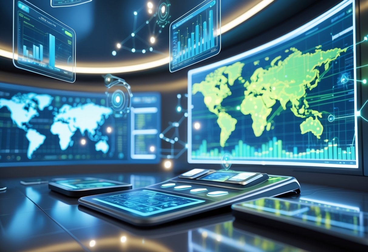 A futuristic control room with floating holographic screens showing graphs and a global map, representing advanced market data analysis.
