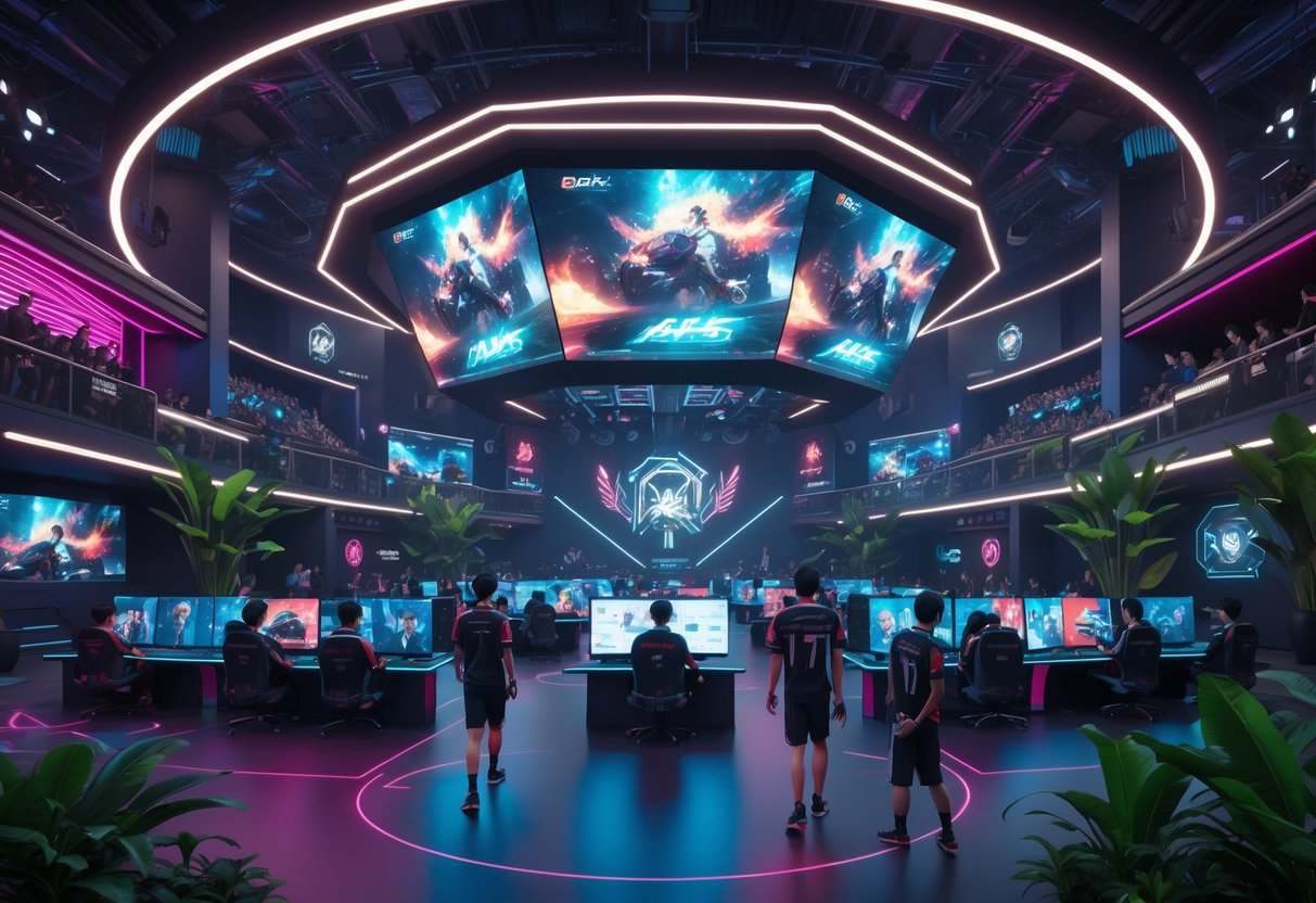 A modern esports arena and training academies in Southeast Asia with gamers practising and coaches analysing gameplay in a lively environment.