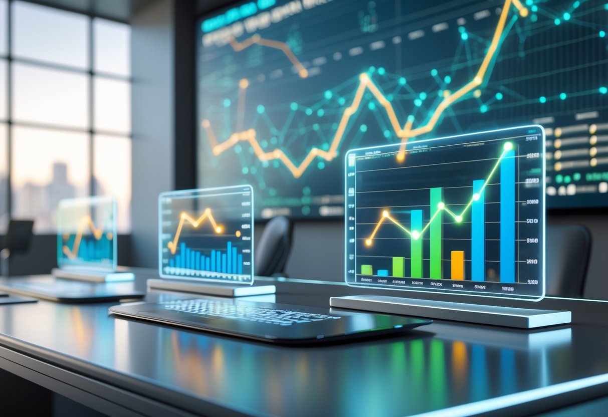 A 3D scene showing a modern workspace with holographic screens displaying colourful graphs and charts about production trends.