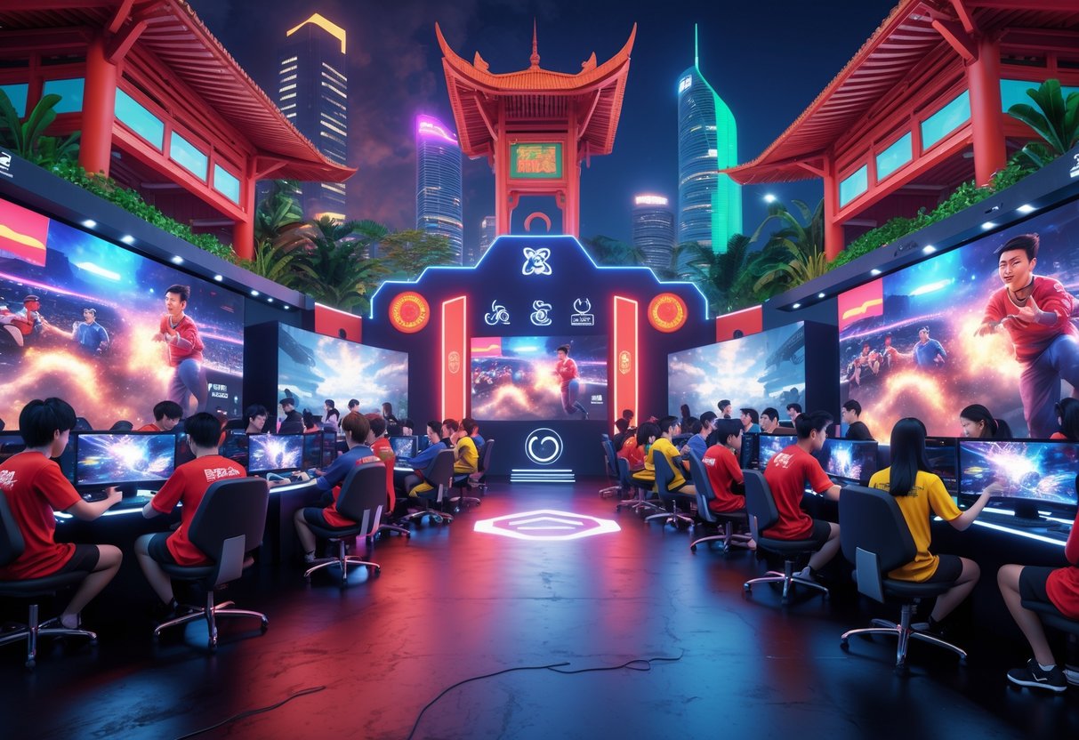 A lively esports arena with diverse Southeast Asian players competing, surrounded by traditional cultural elements and modern cityscapes, showing the excitement of esports growth in the region.
