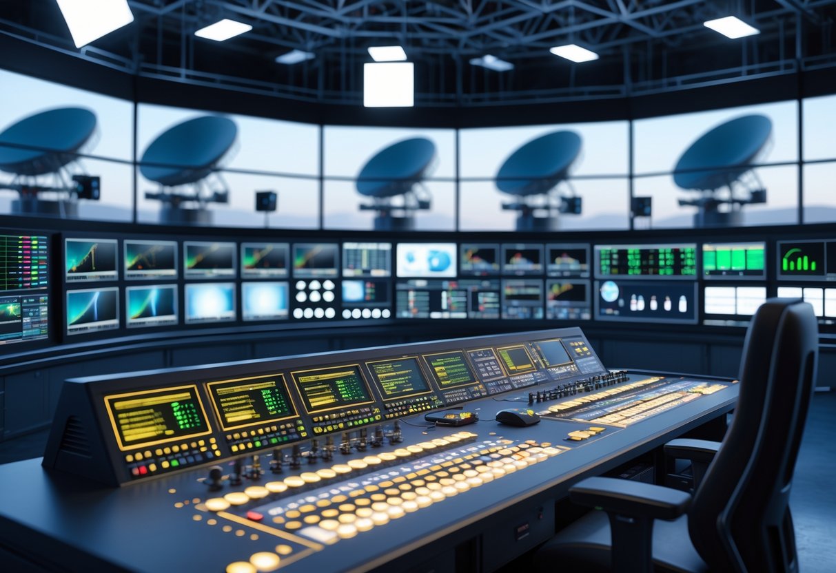 A television broadcasting control room with multiple monitors, broadcasting equipment, and satellite dishes visible through windows.