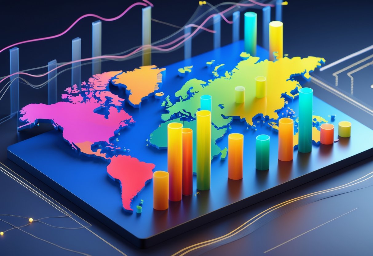 A 3D global map showing coloured bars rising from different regions to represent manufacturing production values around the world.