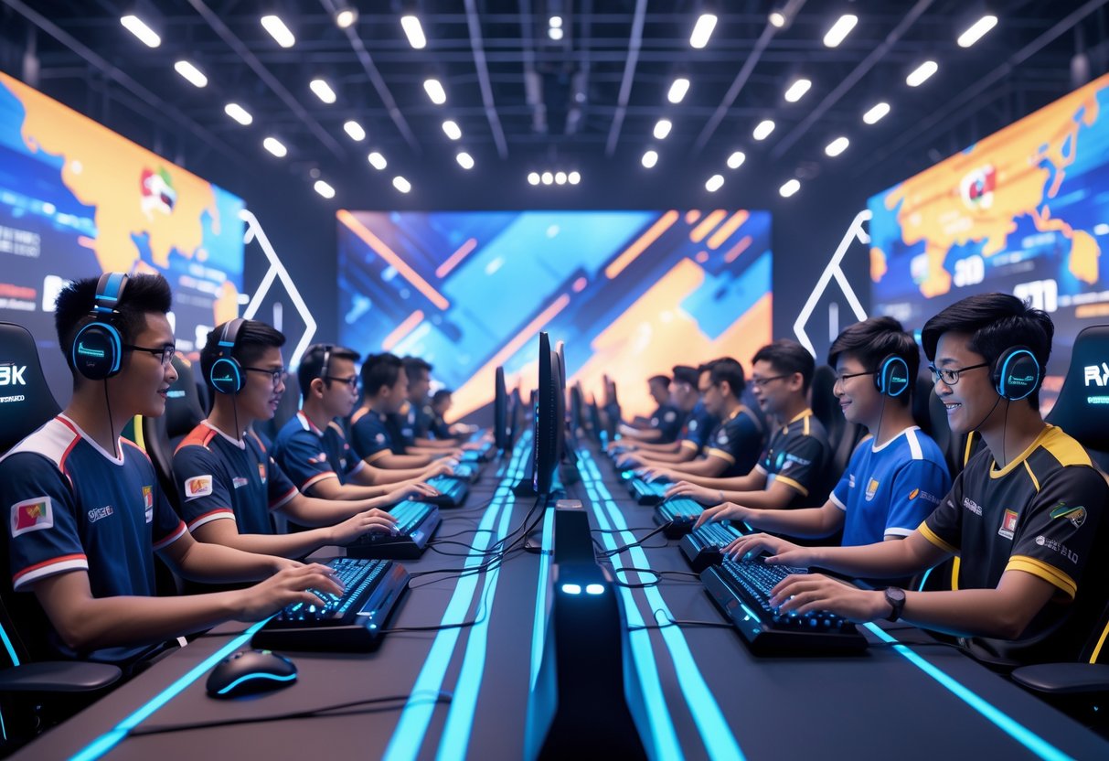 A 3D scene showing esports players from Southeast Asia competing intensely in a brightly lit gaming arena with glowing equipment and large digital screens in the background.