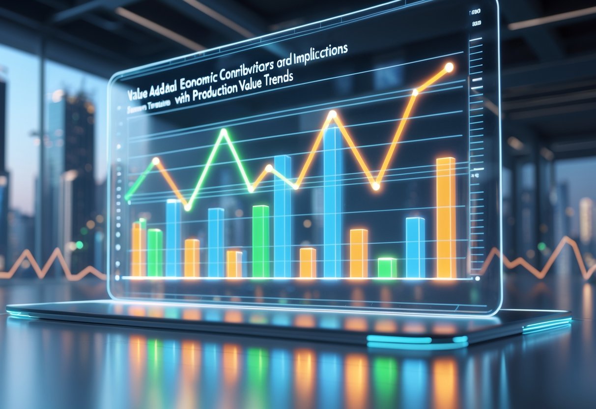 A 3D scene showing colourful glowing bar graphs and line charts representing production value trends, with a modern cityscape in the background.