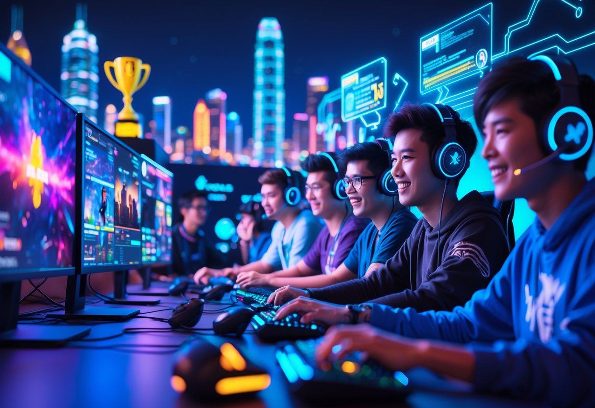 A group of young people streaming and gaming together with colourful lights and multiple screens in a room decorated with Southeast Asian cityscape elements.