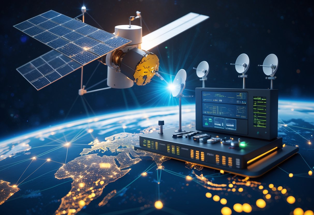 A 3D scene showing a satellite orbiting Earth above a ground broadcasting station with satellite dishes and equipment, connected by signal lines representing global communication.