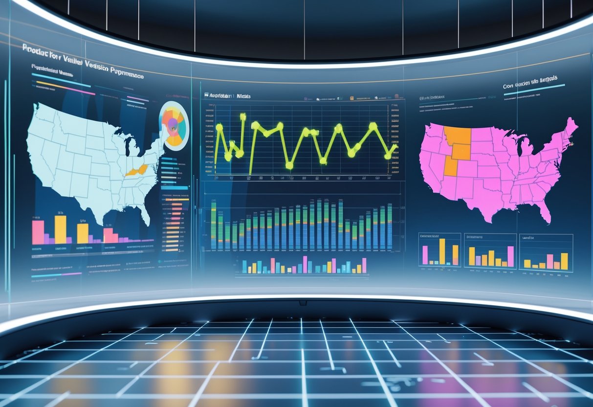 A 3D scene showing a futuristic dashboard with colourful graphs and charts representing production value and performance trends across the United States.