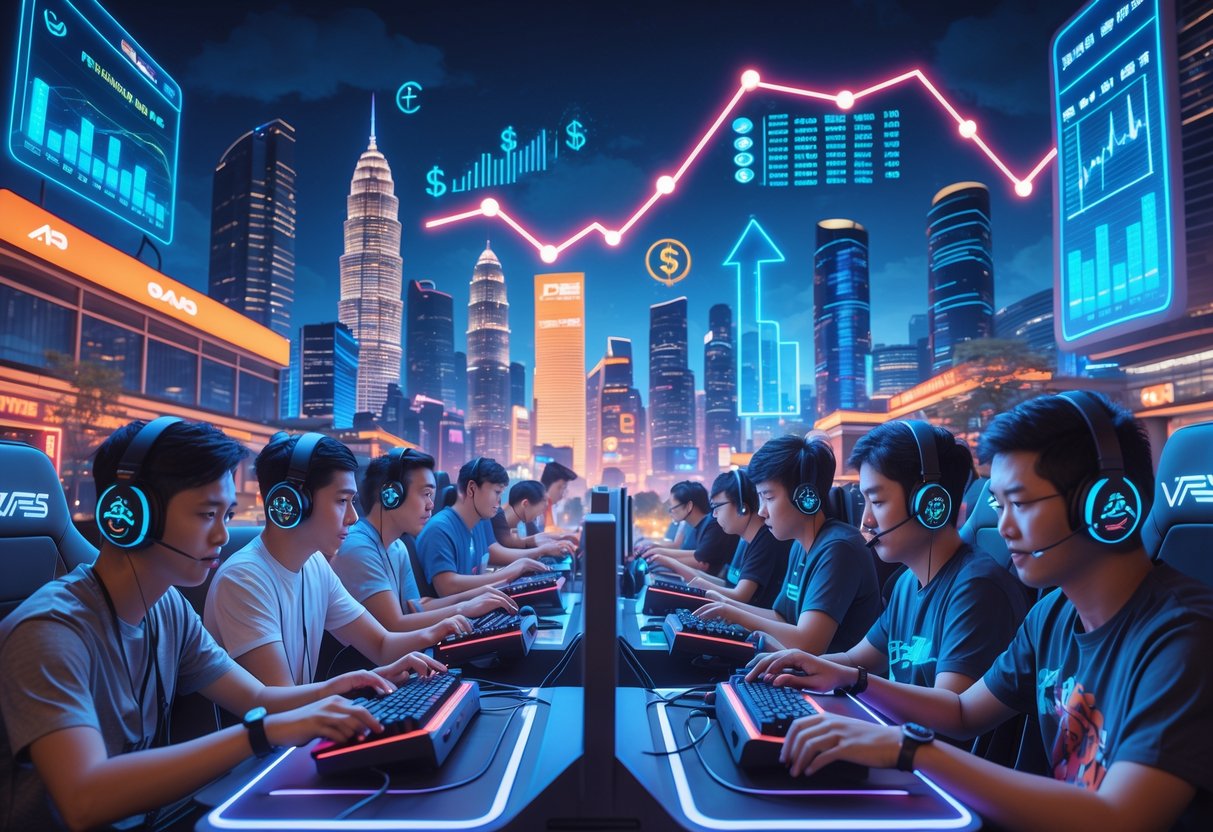 A futuristic city with people playing esports games surrounded by glowing charts and symbols representing economic growth in Southeast Asia.