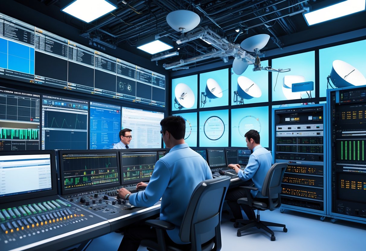A broadcast control room with engineers working on audio consoles, satellite equipment, and server racks surrounded by screens showing live video feeds.