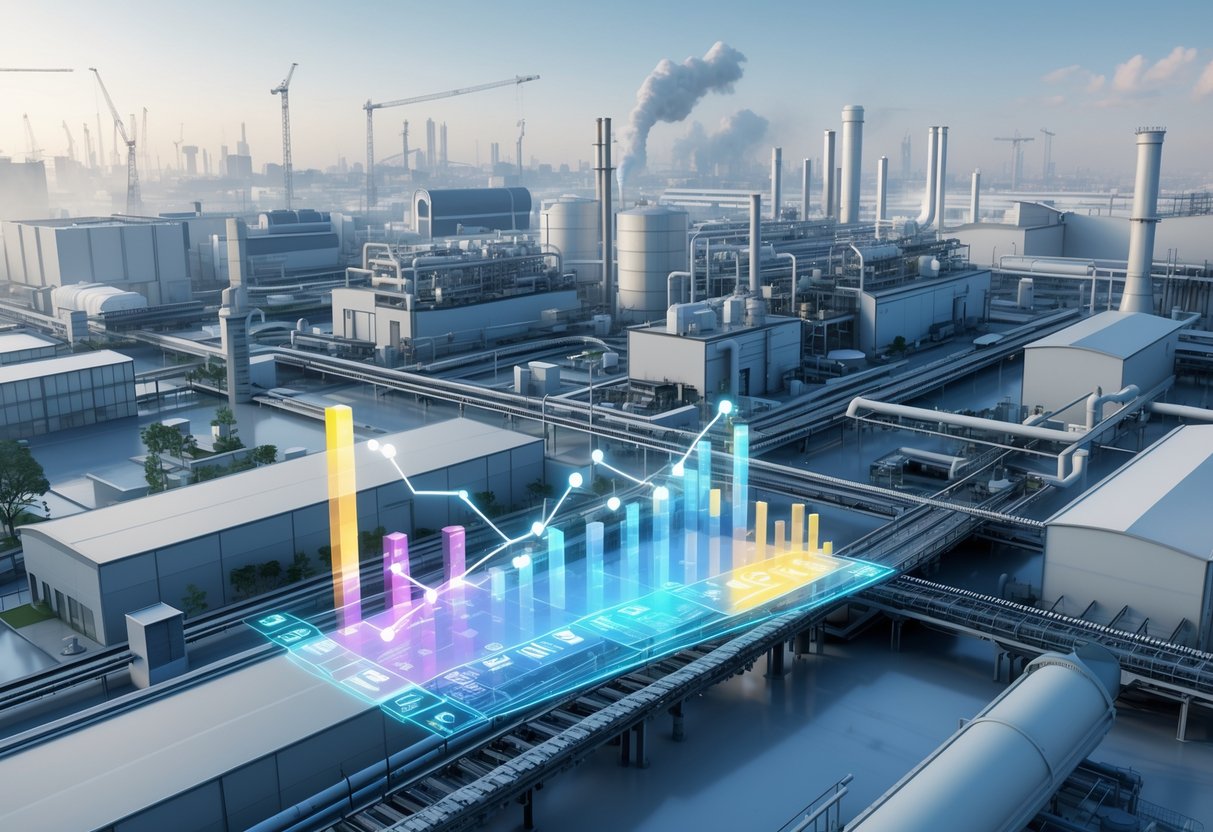 A 3D scene showing various manufacturing factories with machinery and floating holographic charts displaying production trends.