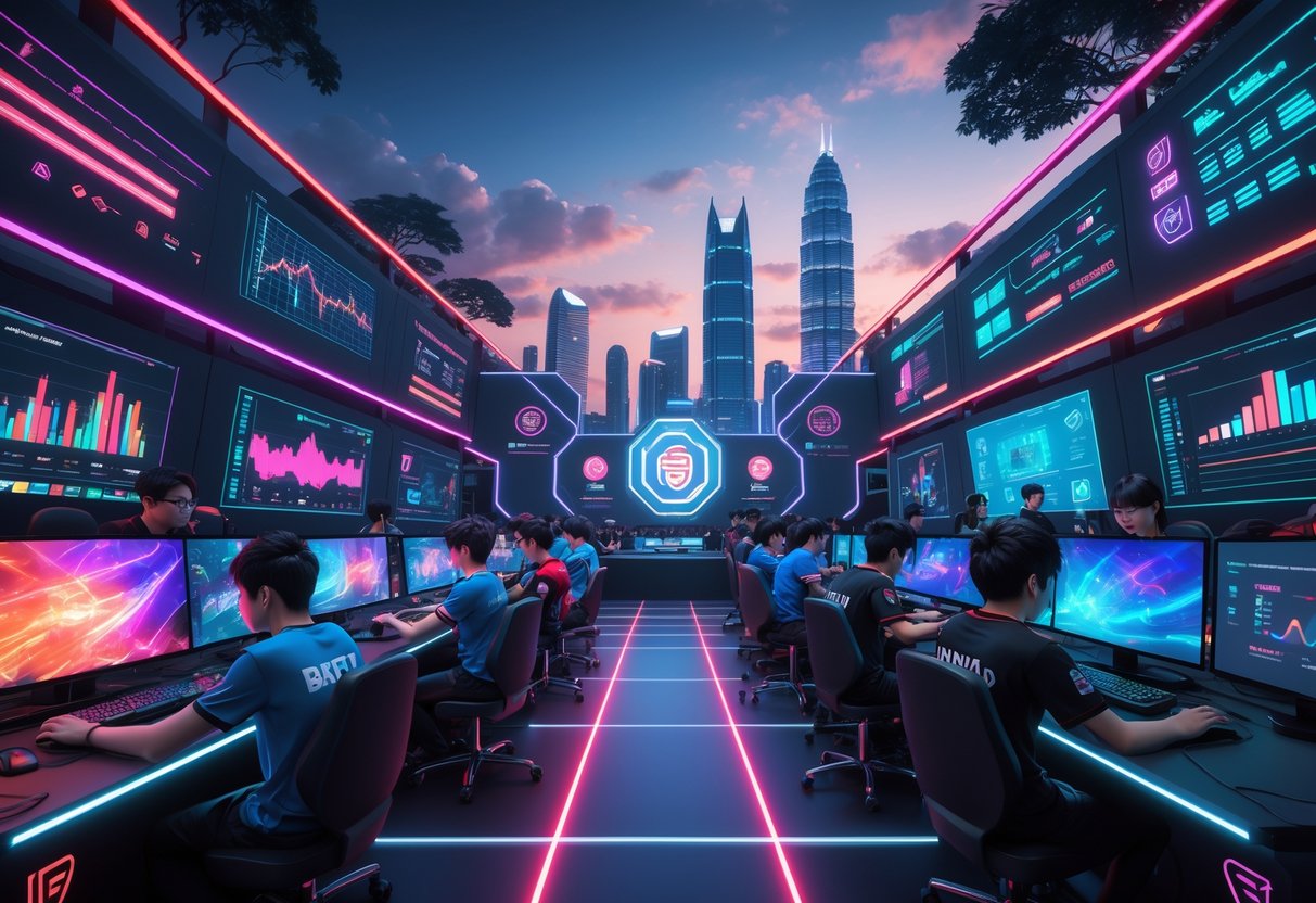 A busy esports arena with diverse players competing on glowing gaming setups, surrounded by digital screens and symbols representing challenges in the Southeast Asian esports scene.